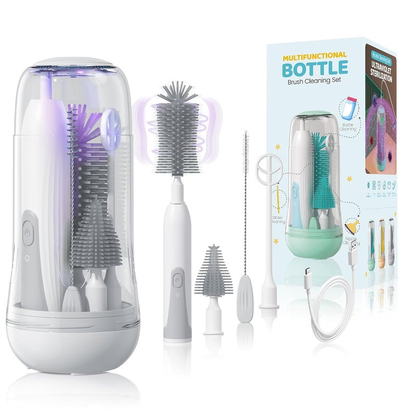 IvyWind Electric Travel Baby Bottle Brush Set with Storage Box, Automatic Bottle Cleaner Brush Kit with Silicone Bottle/Nipple/Straw Brush, Milk Frother Electric and Drainage Rack, Rechargeable, Gray - Image 1
